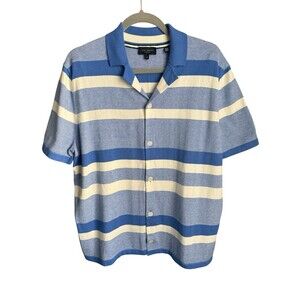 Ted Baker Men Blue Ivory Stripe Cashmere Blend Knit Button Front Polo Shirt 4/L